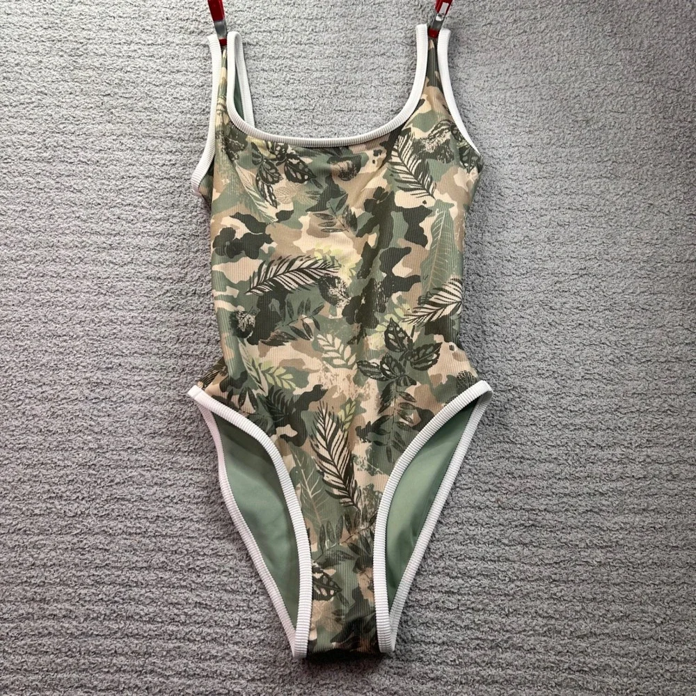 LainSnow One Piece Swimsuit Camo Tropical XS Ribbed High Cut Beach Sporty Boho